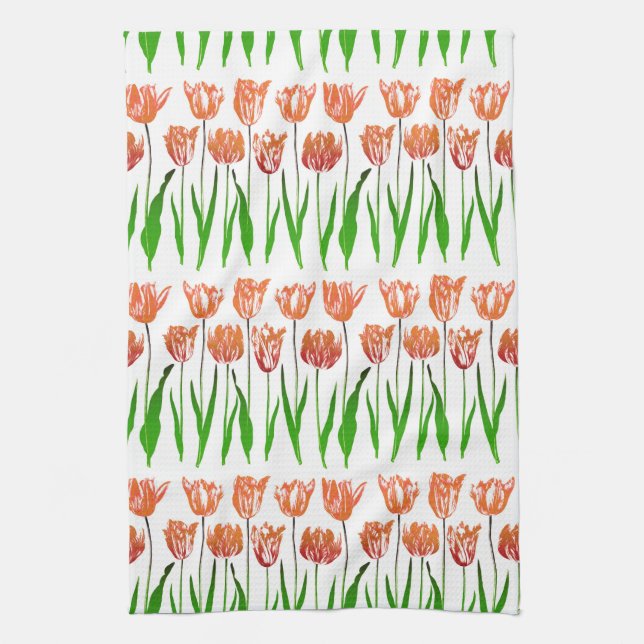 Tulip Garden Print in Coral Orange and Green  Kitchen Towel (Vertical)