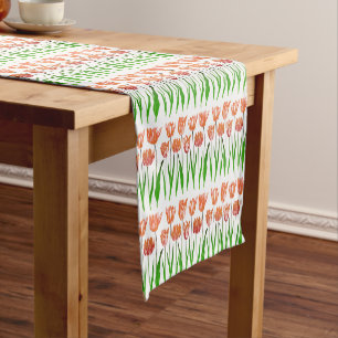 Tulip Garden Print in Coral Orange and Green Short Table Runner