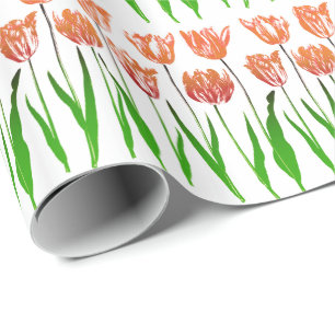 Tulip Garden Print in Coral Orange and Green Wrapping Paper