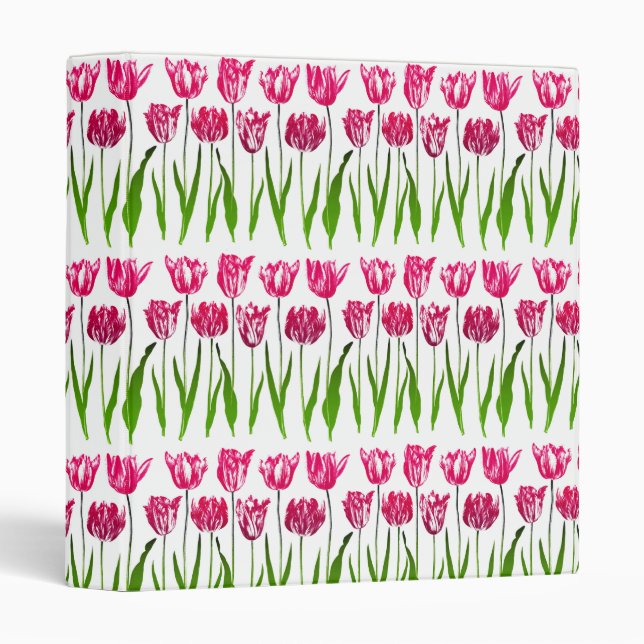 Tulip Garden Print in Fuchsia Pink and Green 3 Ring Binder (Front/Spine)