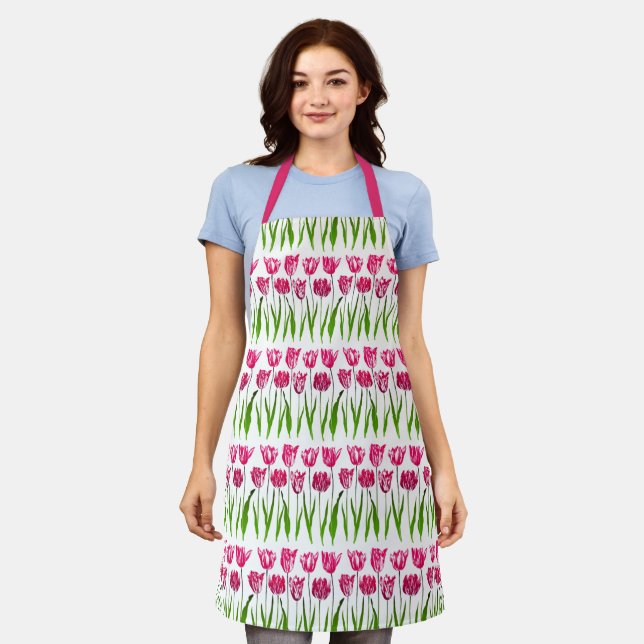 Tulip Garden Print in Fuchsia Pink and Green Apron (Worn)