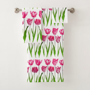 Tulip Garden Print in Fuchsia Pink and Green Bath Towel Set