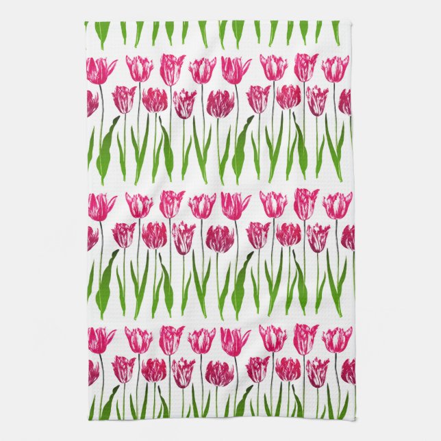 Tulip Garden Print in Fuchsia Pink and Green Kitchen Towel (Vertical)