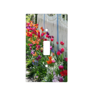 Tulip garden white picket fence light switch cover