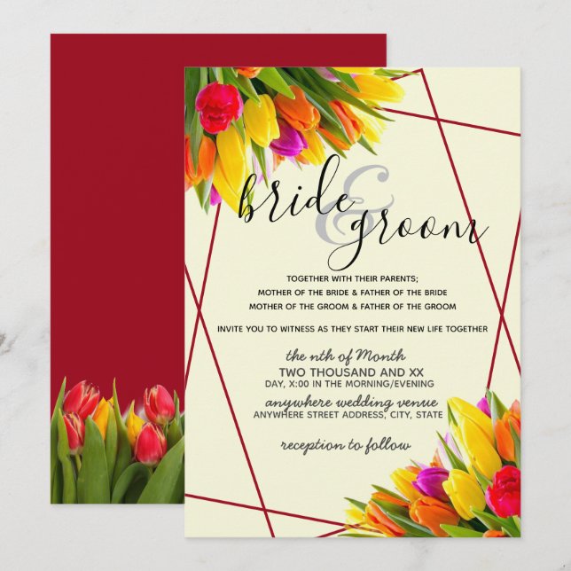 Tulip in Burgundy and Yellow Background Wedding Invitation (Front/Back)