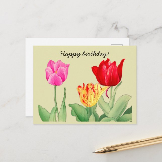 Tulip, Japanese woodblock art , Happy Birthday Postcard (Front/Back In Situ)