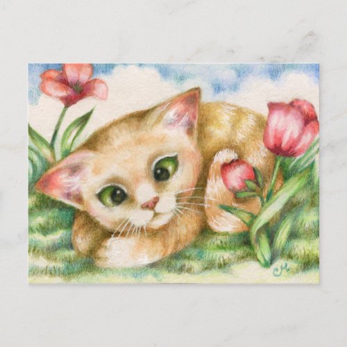 Tulip Kitty - Cat Art Postcard