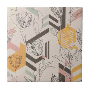 Tulip Line Art Pattern in Mustard & Blush Ceramic Tile