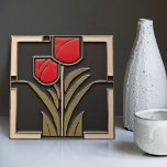 Tulip Love Abstract Red Flowers Mid-Century Decor Ceramic Tile<br><div class="desc">This exquisite mid-century modern ceramic tile is a loving homage to the time-honored Arts and Crafts movement. Expertly crafted in our Barcelona workshop, it features abstract symmetrical shapes and imitates the captivating allure of mid-century modern faux relief tiles. The symmetrical designs echo a harmonious balance, the ideal expression of abstract...</div>