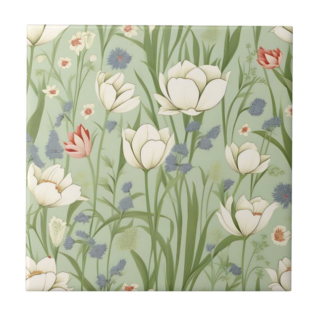 Tulip Meadow in Sage Green Ceramic Tile (Front)