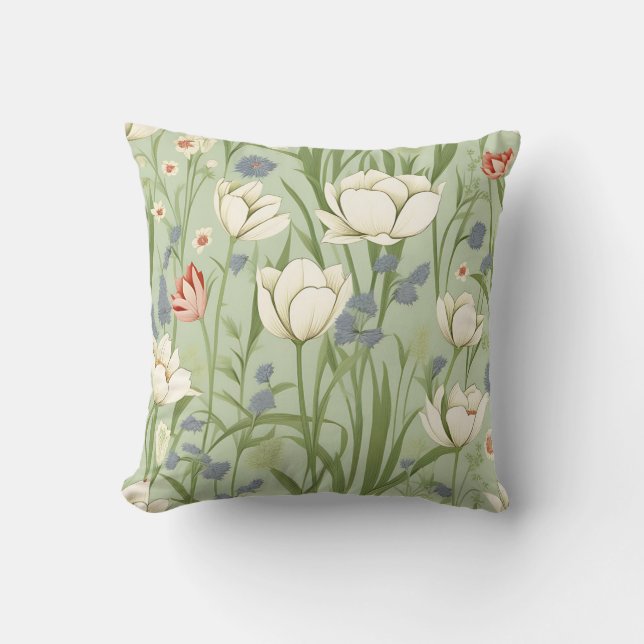 Tulip Meadow in Sage Green Throw Pillow (Front)