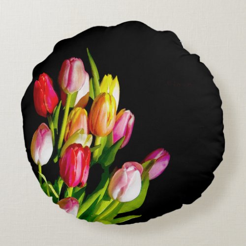 Tulip Painting _ Original Flower Art Round Pillow