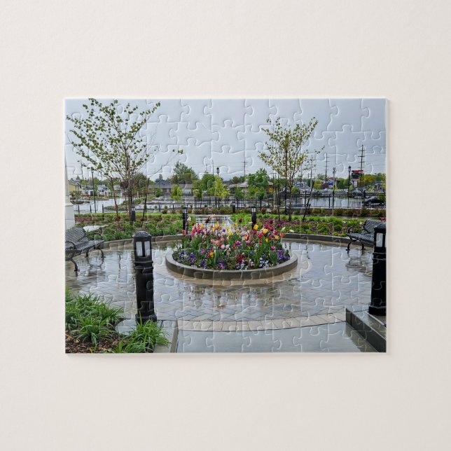 Tulip Patch and Benches in the Rain Jigsaw Puzzle (Horizontal)