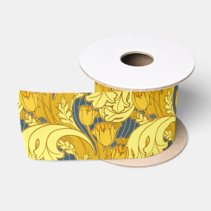 Tulip Pattern Print: Yellow Blue Art Nouveau Satin Ribbon