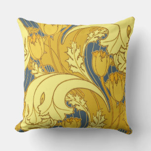 Tulip Pattern Print: Yellow Blue Art Nouveau Throw Pillow