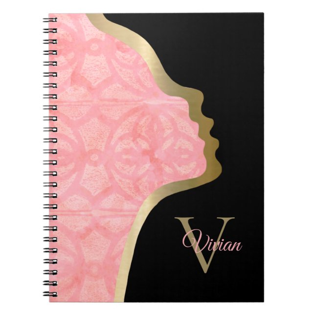 Tulip Pink Black And Gold Face Monogram Name Noteb Notebook (Front)
