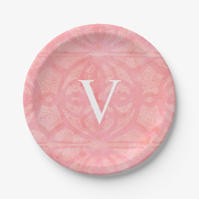 Tulip Pink Monogrammed Watercolor Paper Plates (Front)