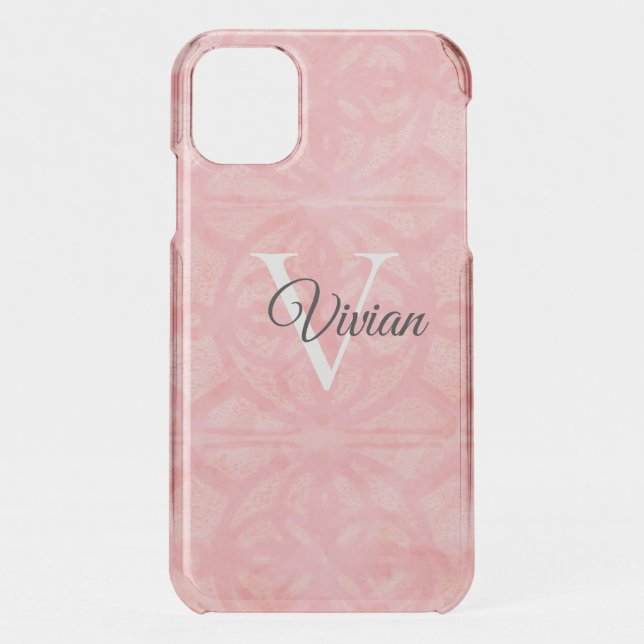 Tulip Pink Watercolor Monogram Name Uncommon iPhone Case (Back)