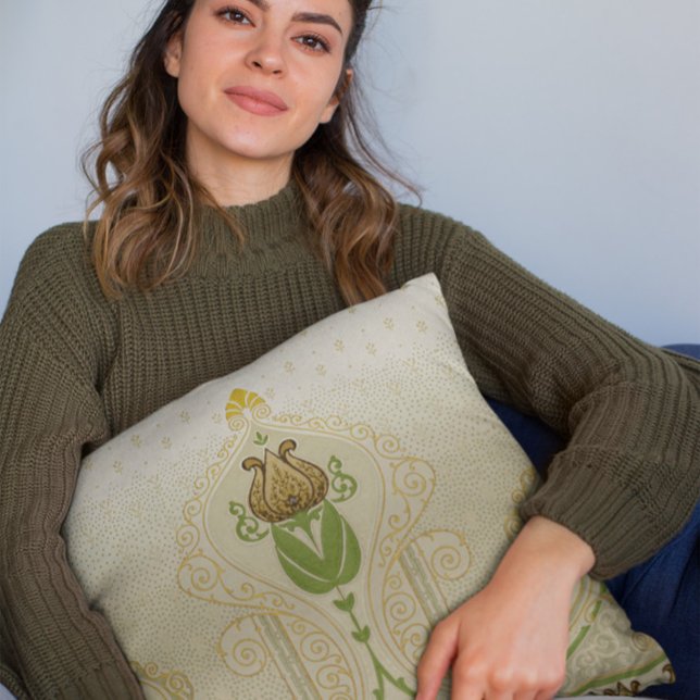 Tulip Stylized Delicate Swirls Home Decoration Throw Pillow (mockup of a woman holding-a square Tulip Stylized Delicate Swirls Home Decoration throw pillow)