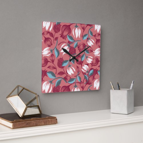 Tulip Symphony Floral Patterns Square Wall Clock