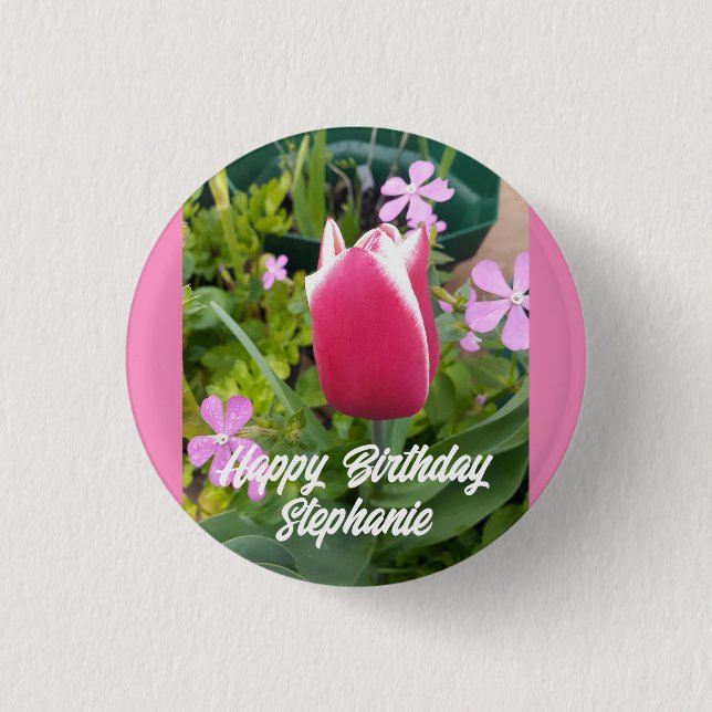 Tulip Tulips Red Pink Flower Floral Birthday Card Button (Front)