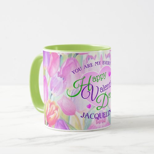 Tulip Watercolor Floral with Name Valentines Day Mug