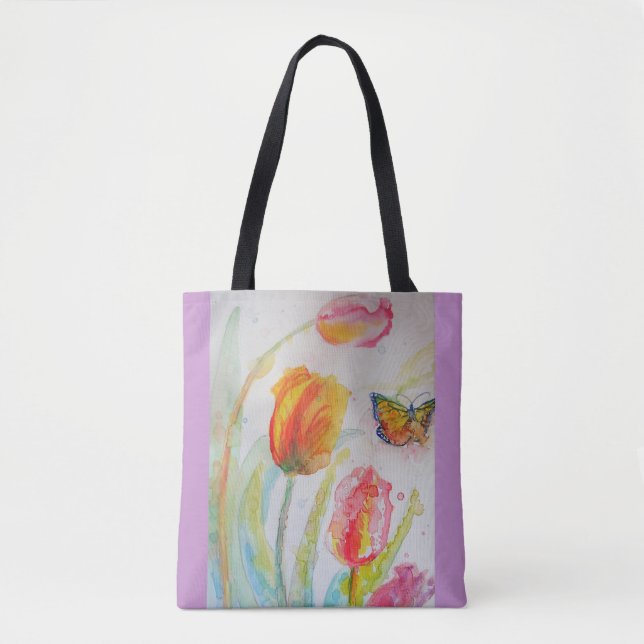 Tulip Watercolor Flowers Floral Tote Bag (Front)
