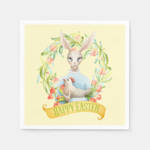 Tulip Wreath and Rabbit Happy Easter Paper Napkins