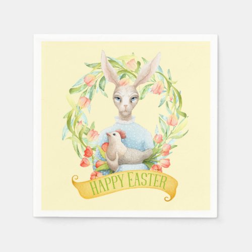 Tulip Wreath and Rabbit Happy Easter Paper Napkins