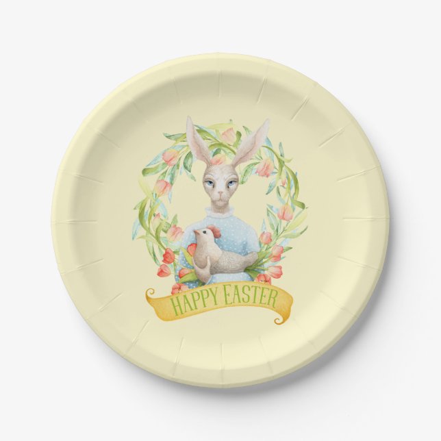Tulip Wreath and Rabbit Happy Easter Paper Plates (Front)