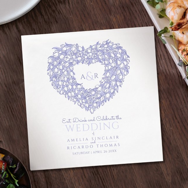 Tulip wreath ink drawing monogram wedding blue  napkins (Creator Uploaded)