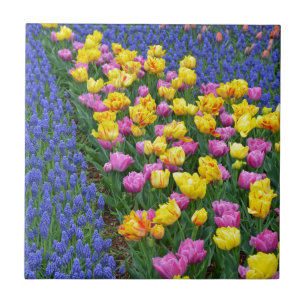 Tulips and bluebells flower garden ceramic tile