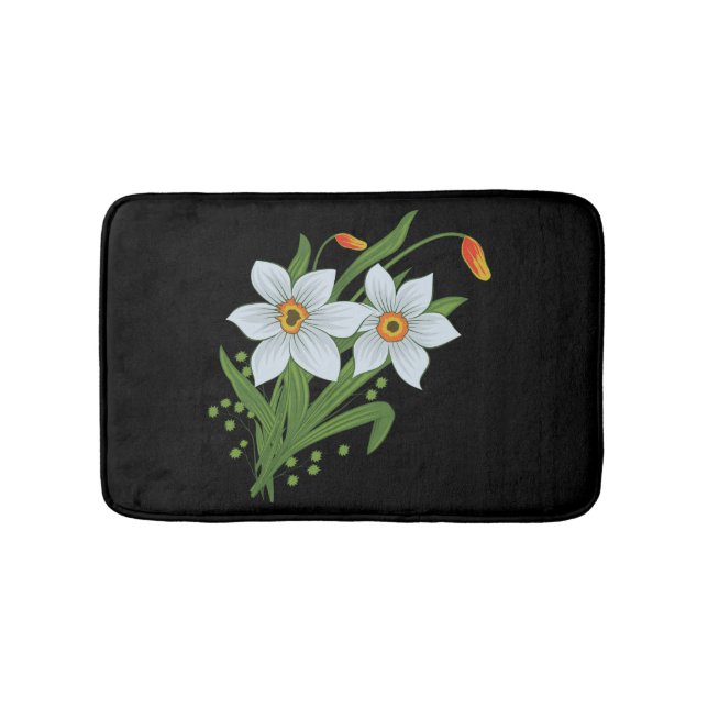 Tulips and Daffodils Flowers Black Background Bathroom Mat (Front)