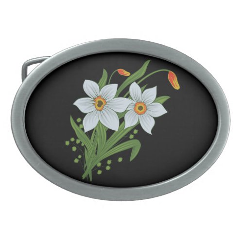 Tulips and Daffodils Flowers Black Background Belt Buckle