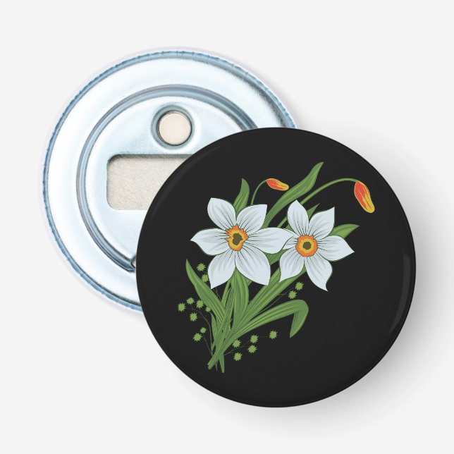 Tulips and Daffodils Flowers Black Background Bottle Opener (Front)