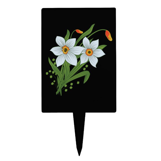 Tulips and Daffodils Flowers Black Background Cake Topper (Front)
