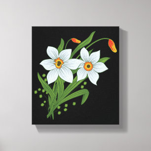 Tulips and Daffodils Flowers Black Background Canvas Print