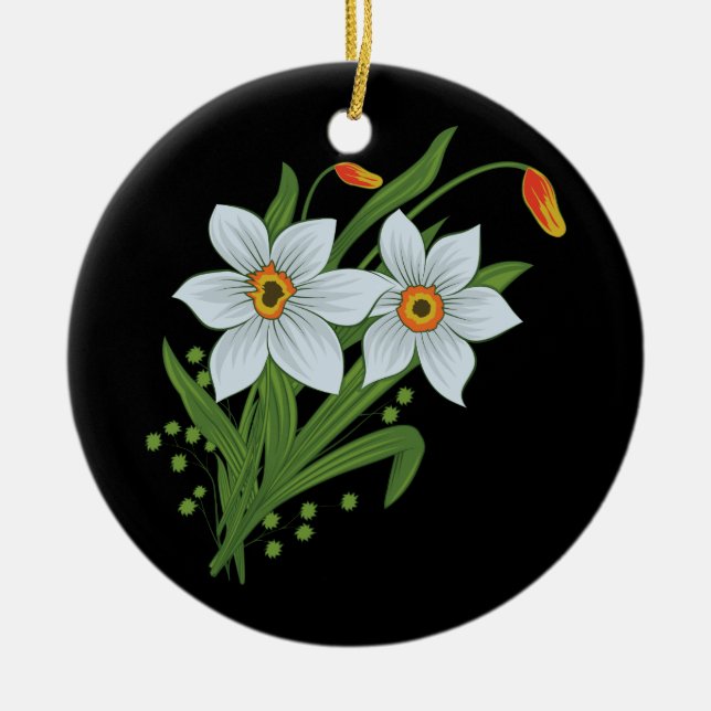Tulips and Daffodils Flowers Black Background Ceramic Ornament (Front)