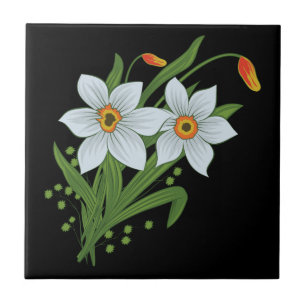 Tulips and Daffodils Flowers Black Background Ceramic Tile