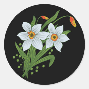 Tulips and Daffodils Flowers Black Background Classic Round Sticker