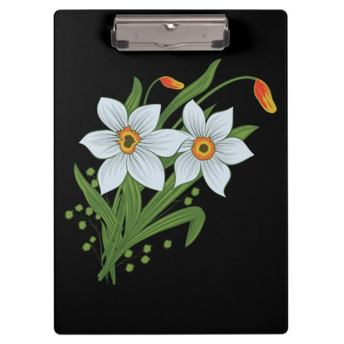Tulips and Daffodils Flowers Black Background Clipboard