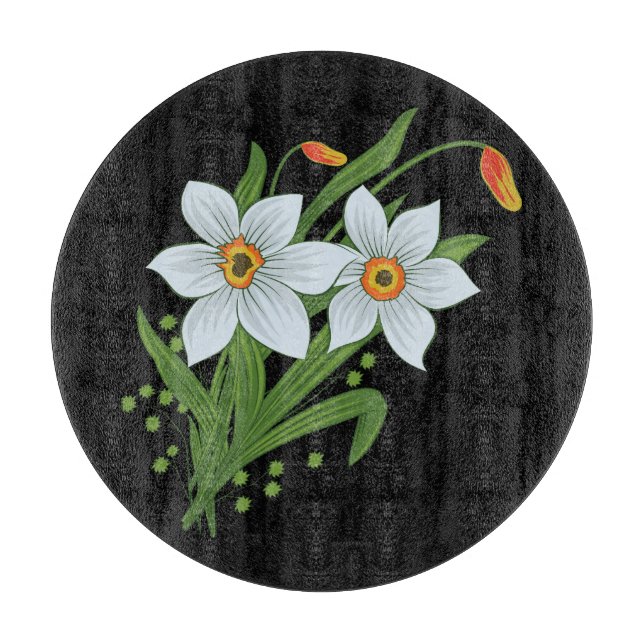 Tulips and Daffodils Flowers Black Background Cutting Board (Front)