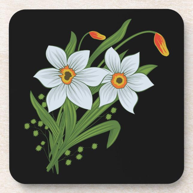 Tulips and Daffodils Flowers Black Background Drink Coaster (Front)