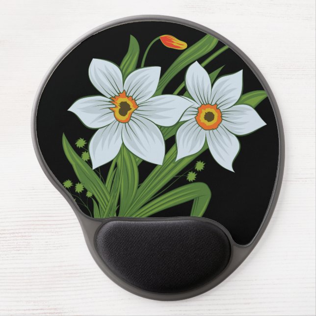 Tulips and Daffodils Flowers Black Background Gel Mouse Pad (Front)