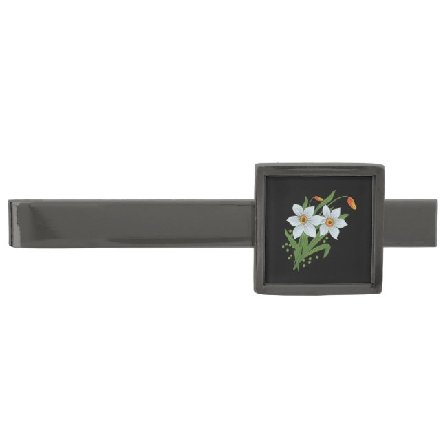 Tulips and Daffodils Flowers Black Background Gunmetal Finish Tie Bar (Front)