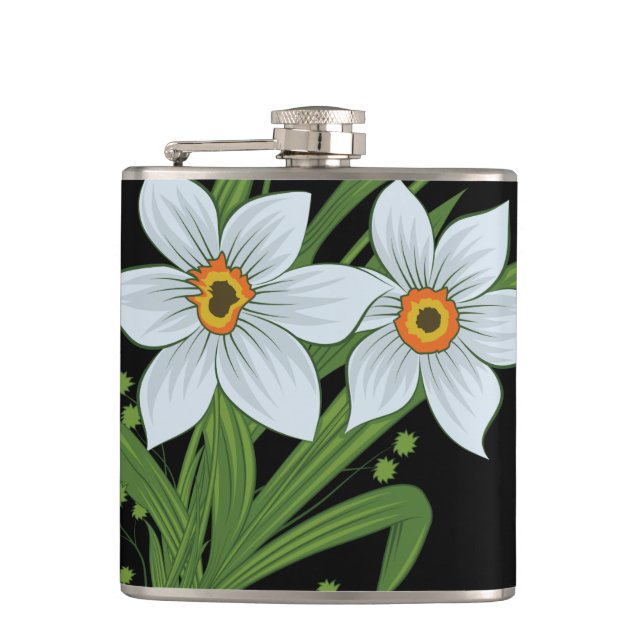 Tulips and Daffodils Flowers Black Background Hip Flask (Front)