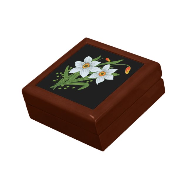 Tulips and Daffodils Flowers Black Background Jewelry Box (Side)