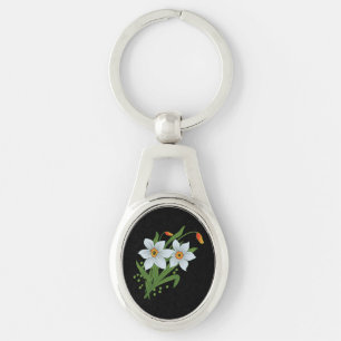 Tulips and Daffodils Flowers Black Background Keychain