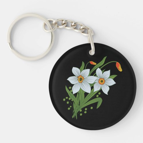 Tulips and Daffodils Flowers Black Background Keychain