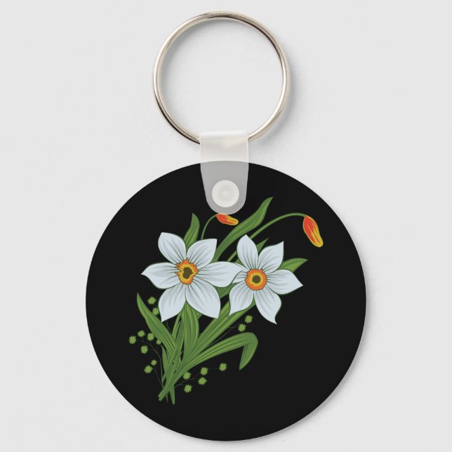 Tulips and Daffodils Flowers Black Background Keychain (Front)